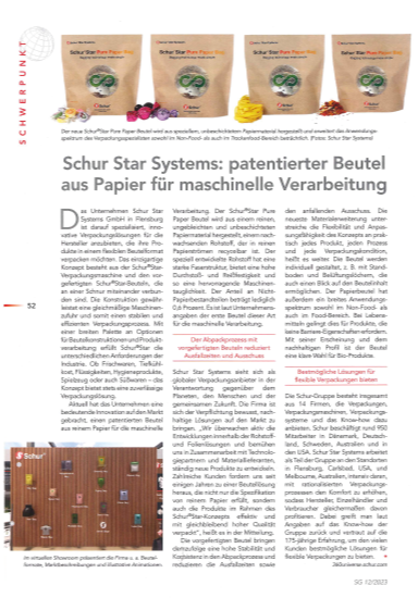 The patented Schur®Star Pure Paper Bag featured in Sweets Global Network (German)